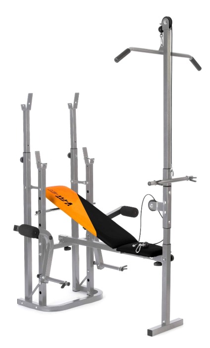 The V-fit STB-09-4 Weights Bench also features a lat pulldown tower option for adding back exercises to your workouts