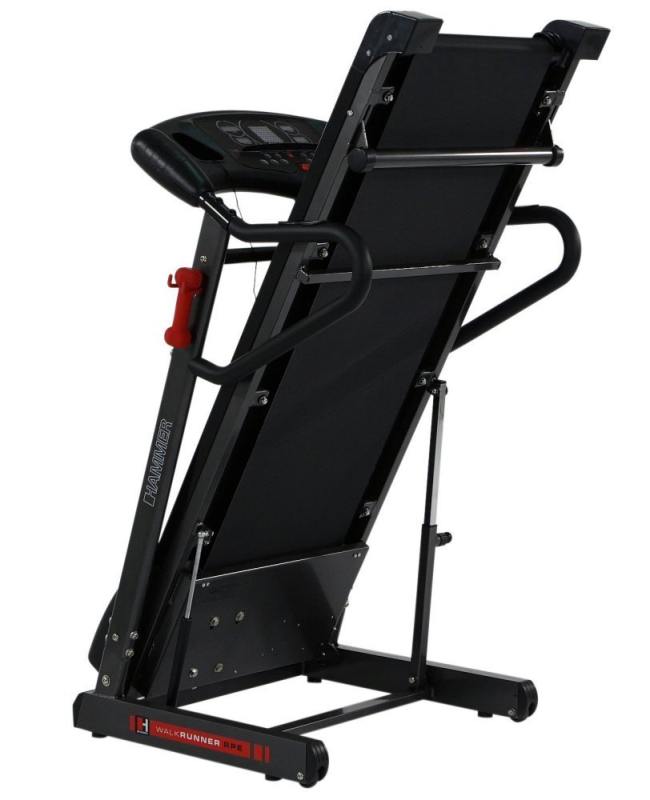 The Hammer Walkrunner Treadmill can be folded away easily thanks to the pneumatically assisted Fold-up System
